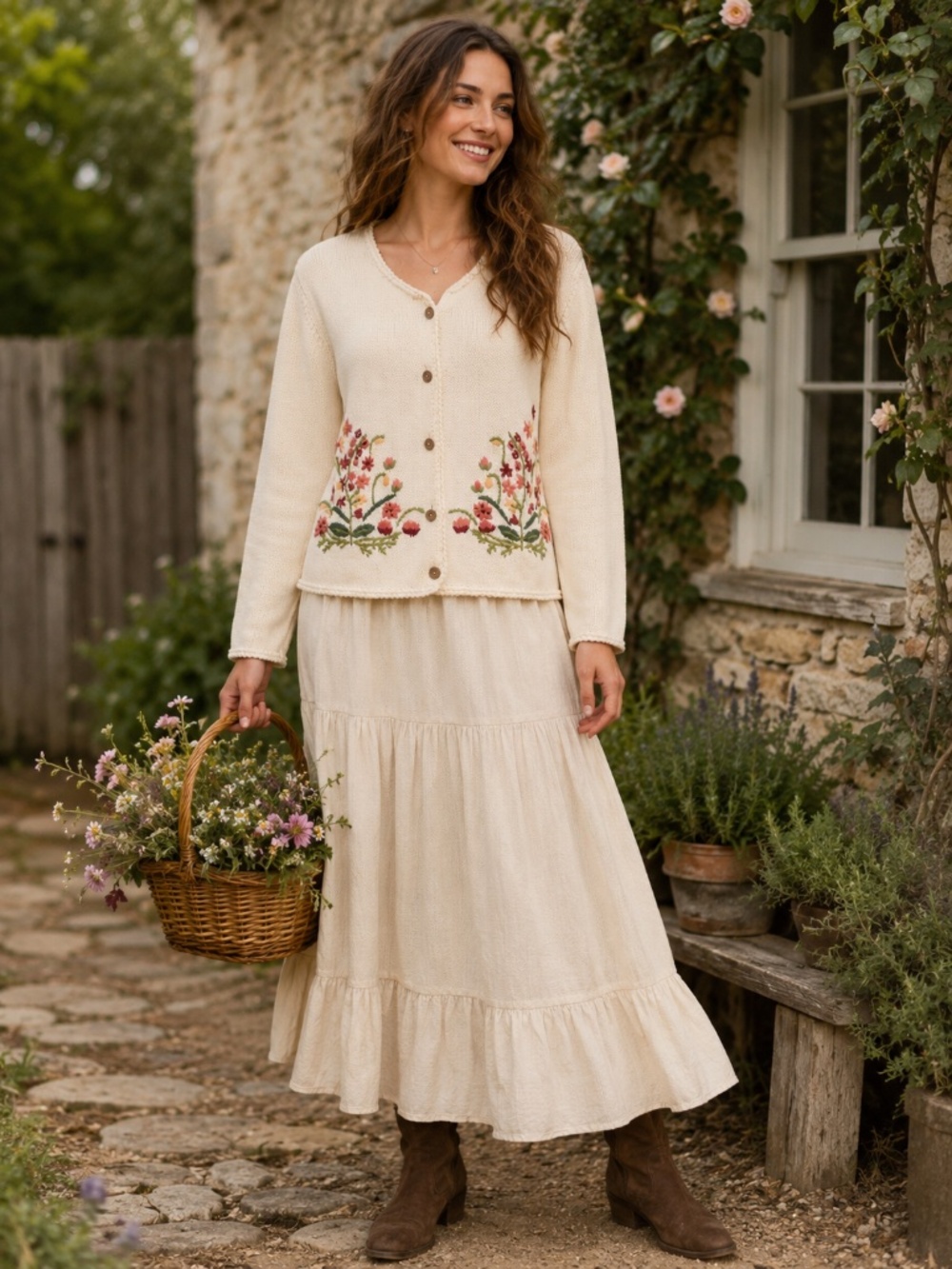 April Cornell sweater/cardigan L crochet florals boxy cream cotton cottage core